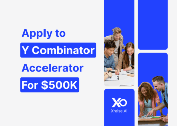 Apply to Y Combinator accelerator with XRaise, showing a diverse group of founders collaborating at a startup workspace