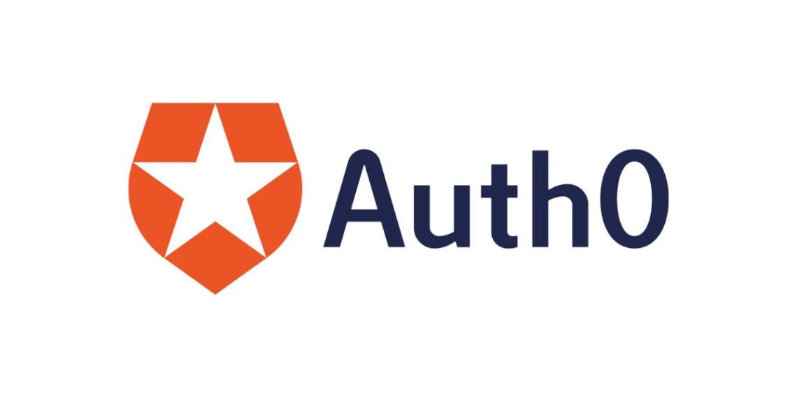 An illustration showing a startup team working on a laptop, setting up authentication with Auth0. The Auth0 logo is displayed prominently, along with a dashboard showcasing user login analytics, security settings, and authentication methods.