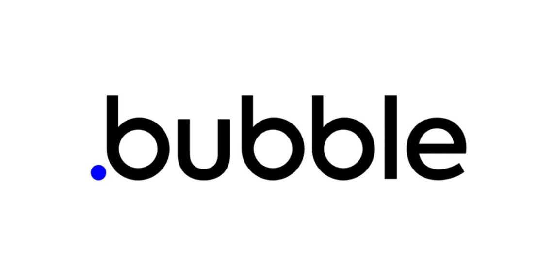 Cover image for 'Bubble for Startups: A Good Fit for Your Business?' featuring the Bubble logo, a laptop screen displaying a no-code app builder, and a startup team collaborating on a project.