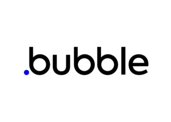 Cover image for 'Bubble for Startups: A Good Fit for Your Business?' featuring the Bubble logo, a laptop screen displaying a no-code app builder, and a startup team collaborating on a project.