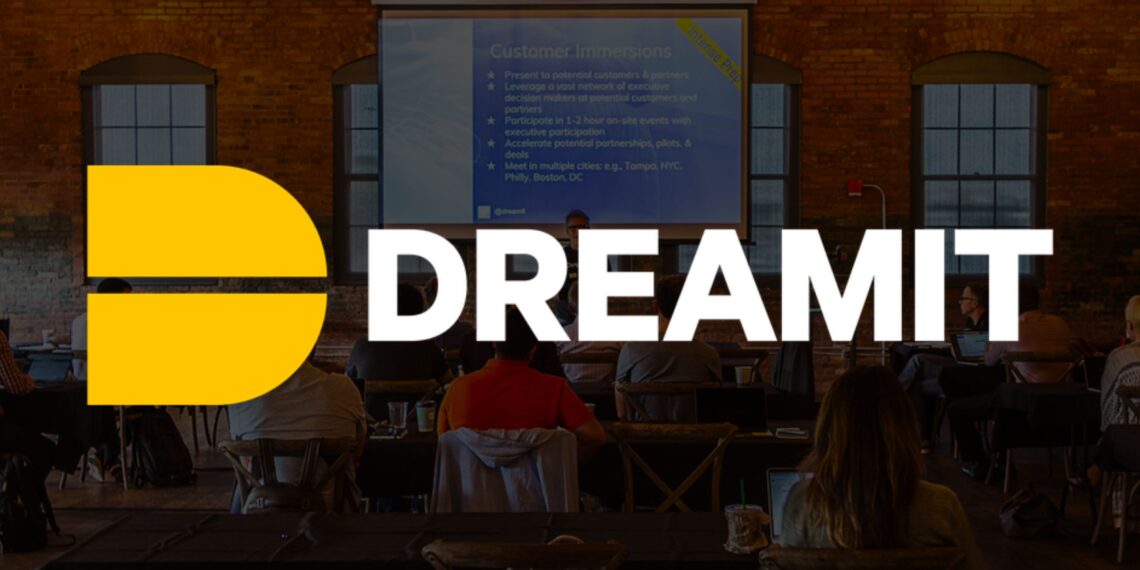 Dreamit Accelerator's office exterior with the company logo displayed prominently on the building, showcasing a modern workspace environment.