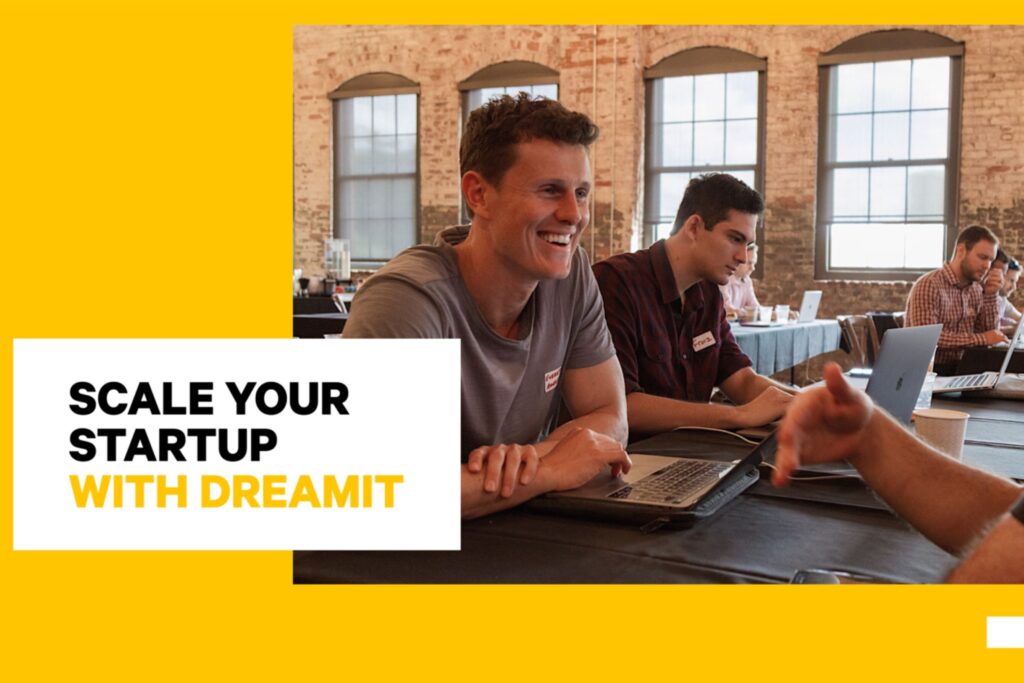 Collage of Dreamit-backed startup teams collaborating, networking, and engaging in mentorship sessions, highlighting the accelerator's support system.