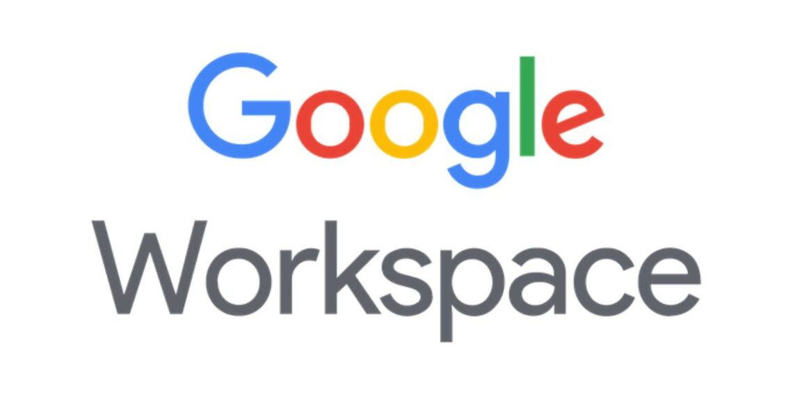 A modern workspace with a laptop displaying Google Workspace apps like Gmail, Drive, and Meet, symbolizing productivity and collaboration.
