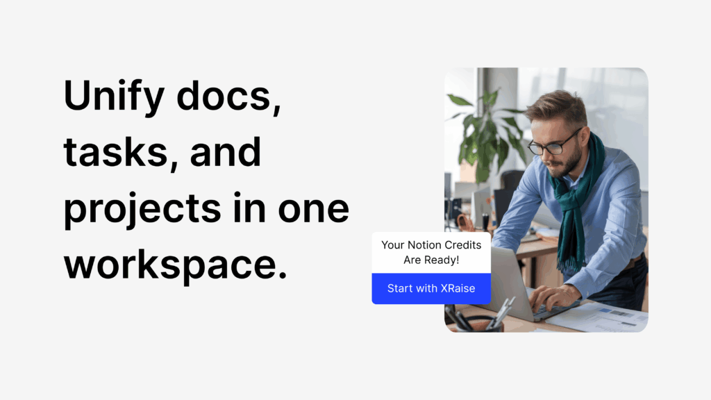 Startup founder working on laptop, showing how Notion unifies docs, tasks, and projects in one workspace.