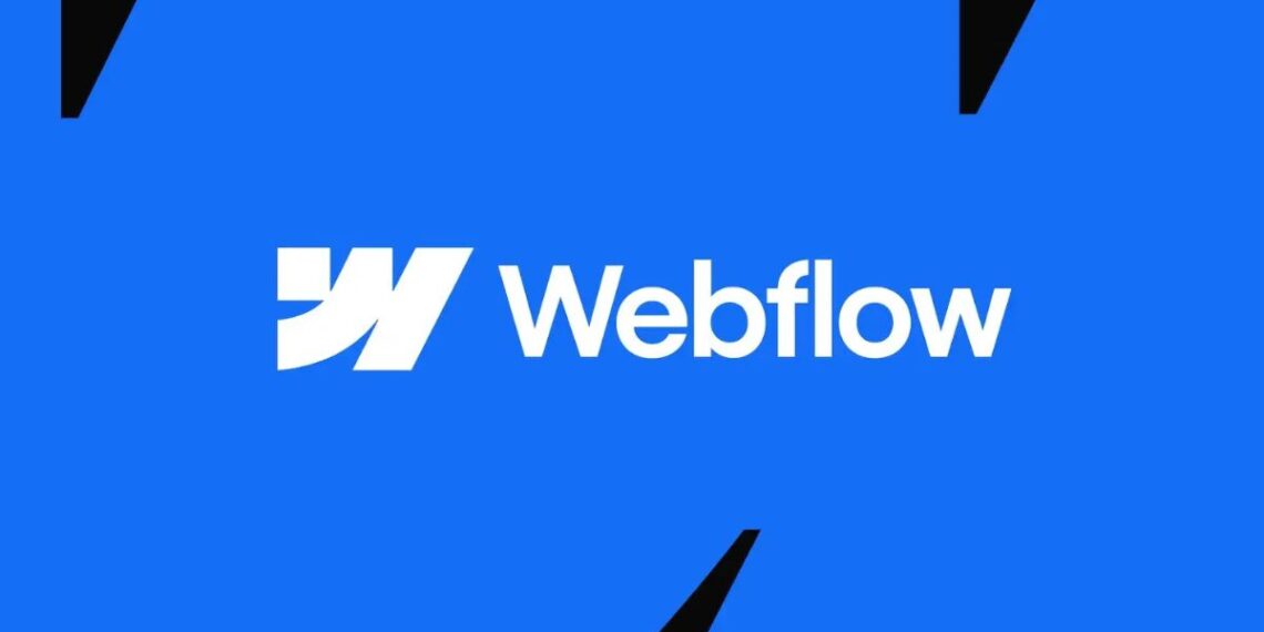 Webflow logo on a modern digital workspace background, representing its use for startups in web design and development.