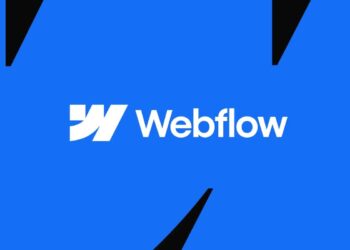 Webflow logo on a modern digital workspace background, representing its use for startups in web design and development.