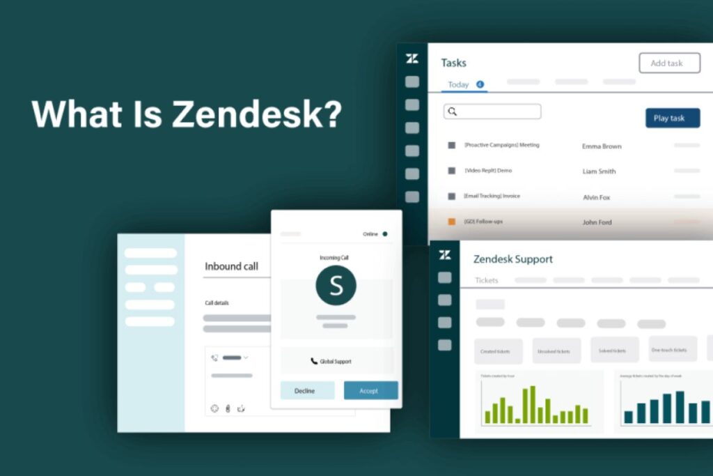 Illustration of a customer support representative using Zendesk on a laptop, with icons representing multi-channel communication, ticketing, and analytics.