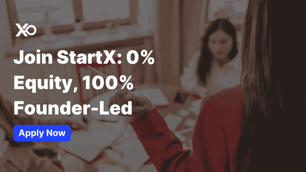 Join StartX: 0% equity, 100% founder-led accelerator banner with Apply Now button