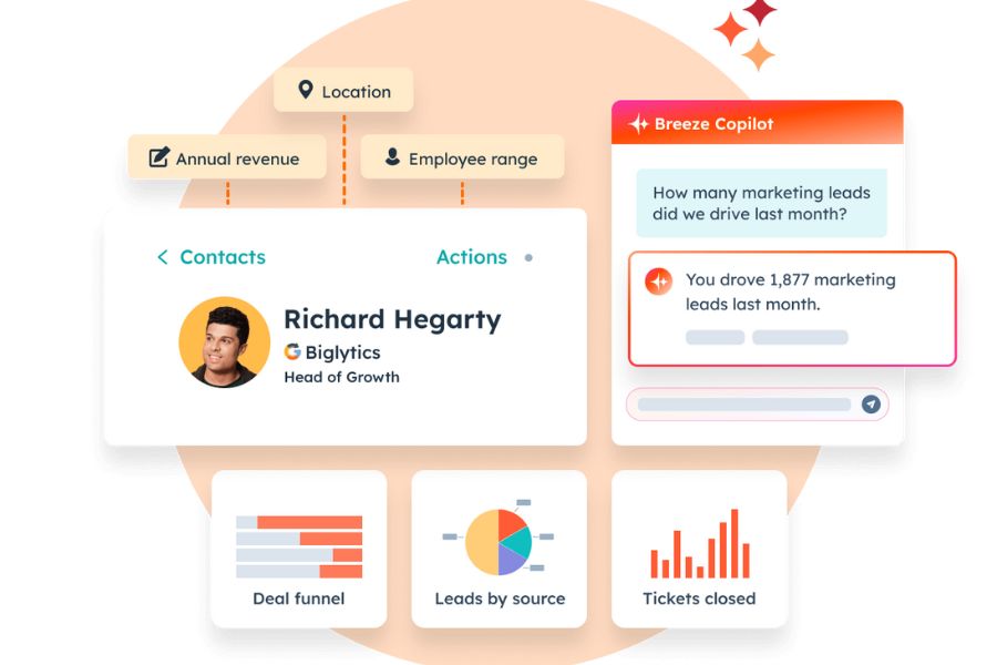 A startup team collaborating in an office, with a digital overlay of HubSpotβs platform demonstrating its business growth tools.