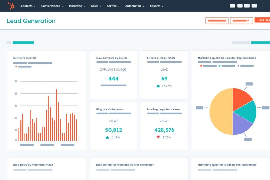 A screenshot of HubSpotβs marketing hub, featuring email campaign analytics, SEO tools, and social media management.