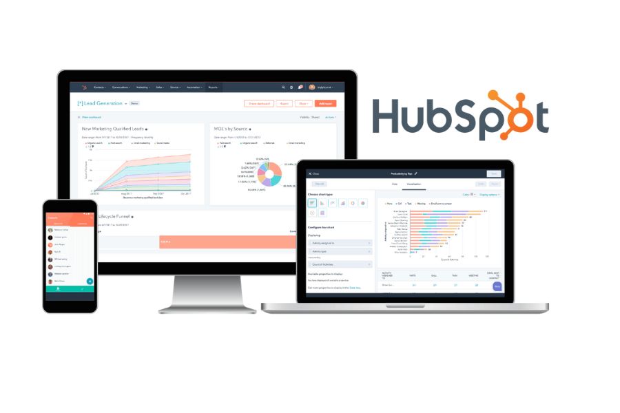 A computer screen displaying the HubSpot dashboard, showcasing CRM, marketing, and sales tools in an organized interface.