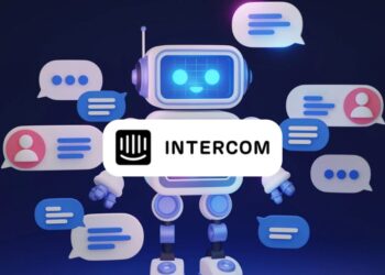 Illustration of Intercom branding with icons representing AI, customer support, and startup growth.