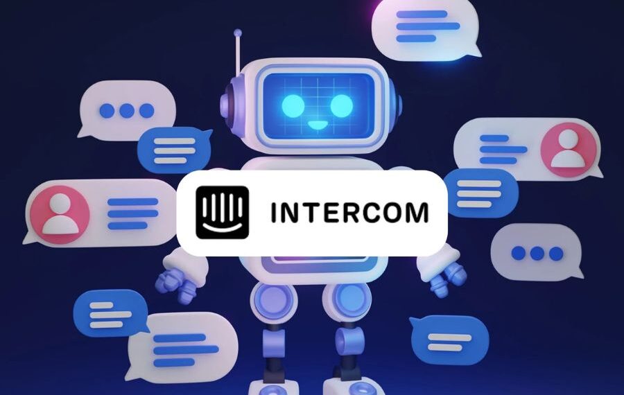 Illustration of Intercom branding with icons representing AI, customer support, and startup growth.