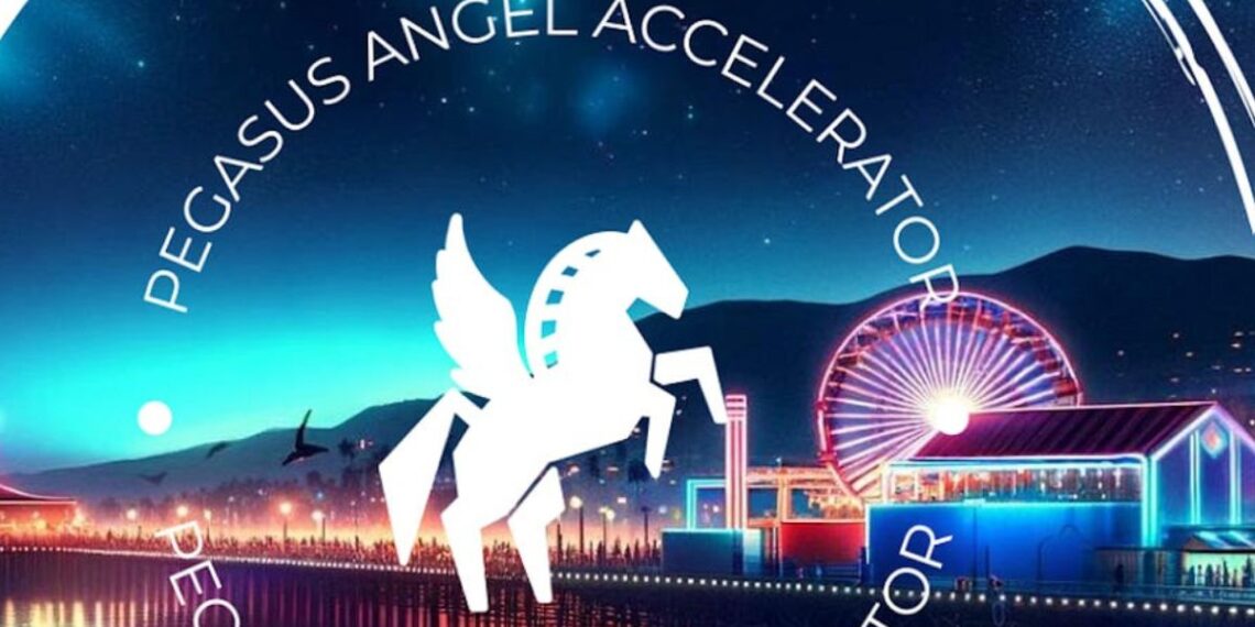 Image showing the Pegasus Angel Accelerator logo displayed prominently inside a modern, bright office space in Santa Monica, CA.