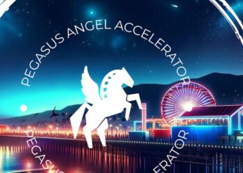 Image showing the Pegasus Angel Accelerator logo displayed prominently inside a modern, bright office space in Santa Monica, CA.