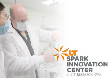 Exterior view of the Spark Cleantech Accelerator building at the University of Tennessee Research Park, showcasing its modern architecture.