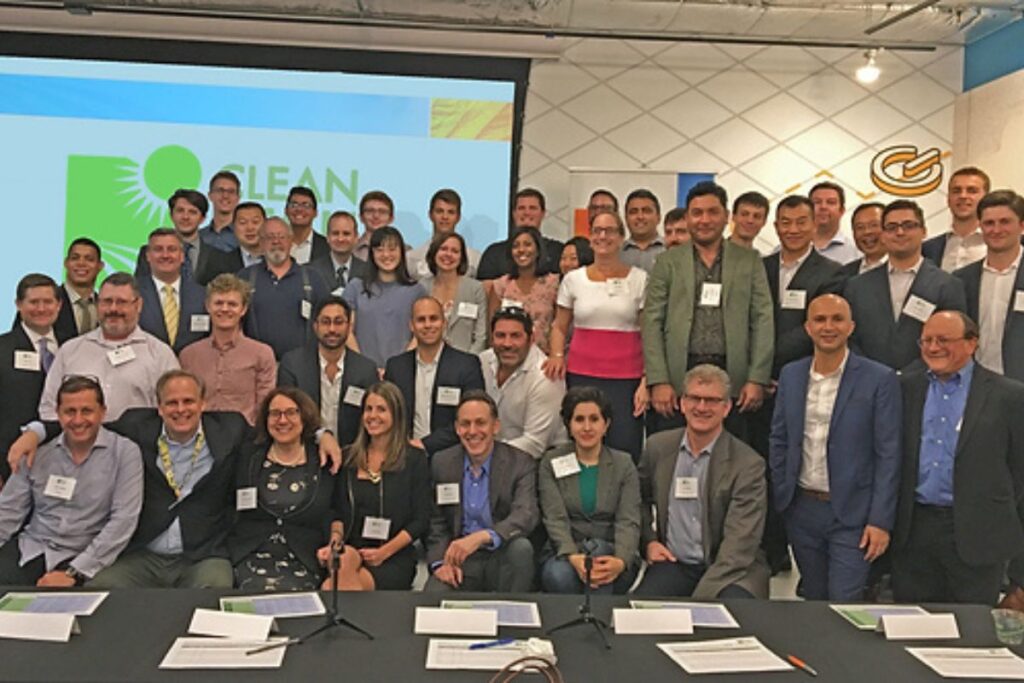 A showcase of Cleantech Open startups, highlighting entrepreneurs working on sustainable technology solutions in a collaborative environment.