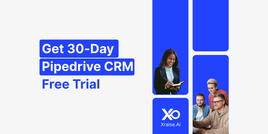 Startup founder checking notes beside offer to get 30-day Pipedrive CRM free trial for startups