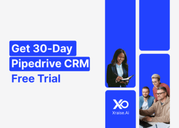 Startup founder checking notes beside offer to get 30-day Pipedrive CRM free trial for startups