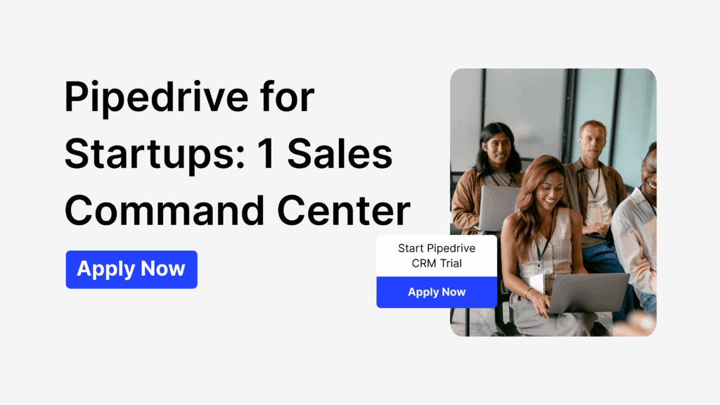 Pipedrive free trial for startups with diverse founders in a workshop using laptops as their sales command center