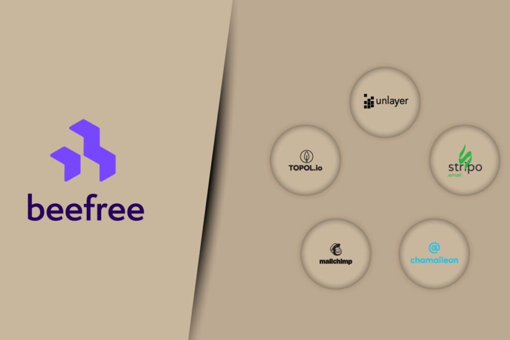 Comparison chart showing Beefree SDK side-by-side with Unlayer and Stripo, highlighting pricing, features, and custom HTML support.