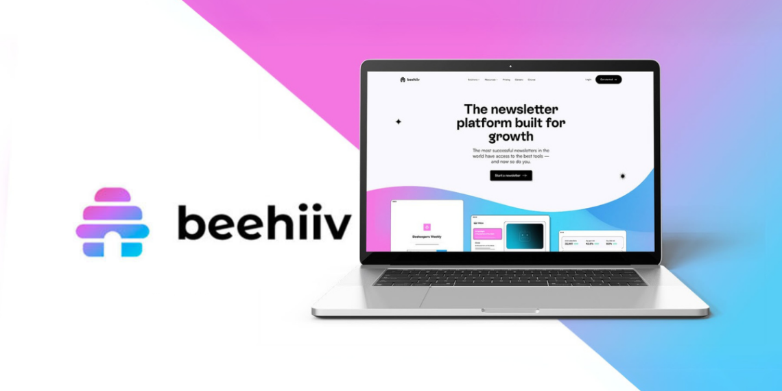 Illustration of the Beehiiv logo with icons representing newsletters, growth tools, and monetization features tailored for startups.