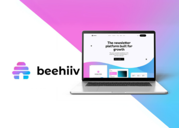 Illustration of the Beehiiv logo with icons representing newsletters, growth tools, and monetization features tailored for startups.