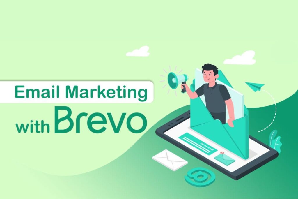 Screenshot of Brevo’s email marketing dashboard with drag-and-drop editor and performance analytics visible.