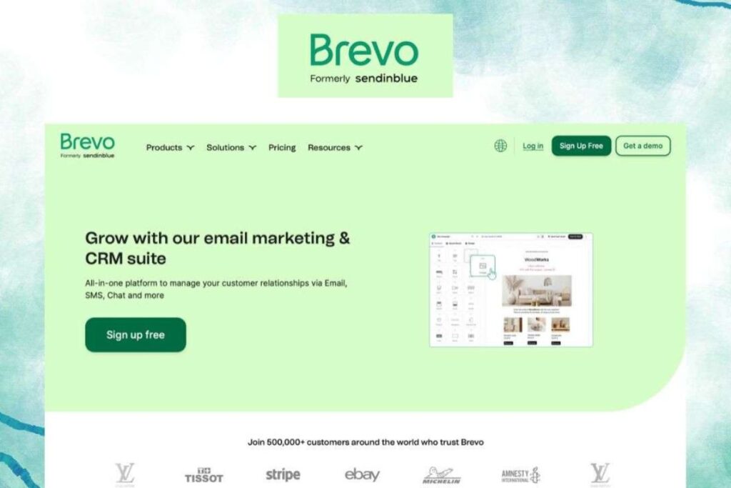 User interface of Brevo showing integrated CRM, campaign builder, and real-time messaging tools for small businesses.