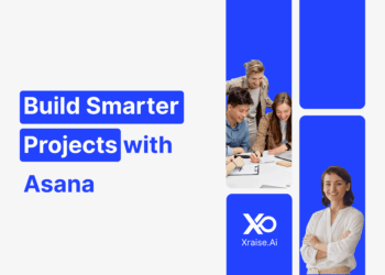 Startup founders collaborating on projects using Asana, showcased with XRaise branding for early-stage teams.