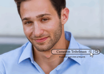 Cameron Teitelman, Founder and CEO of StartX, standing confidently in a professional setting, representing the accelerator’s mission-driven leadership.