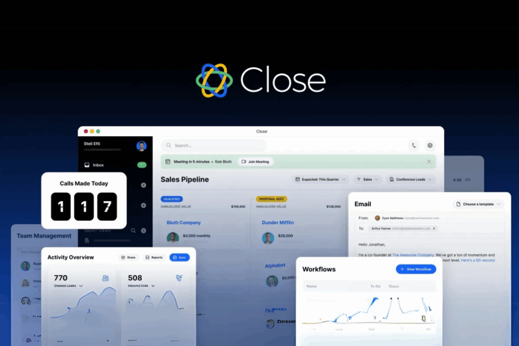 Screenshot displaying the Close CRM user interface with lead management and communication tools visible.
