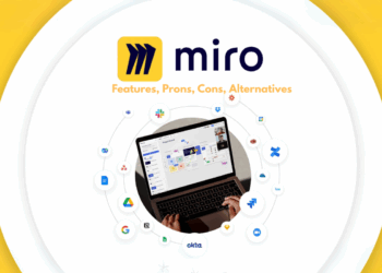 Illustration of startup team using Miro on laptops and digital whiteboards in a remote collaboration setting