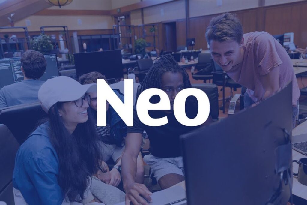 Visual overview of the Neo accelerator program, showcasing founders at the Oregon bootcamp, mentorship sessions, and a Demo Day pitch event.