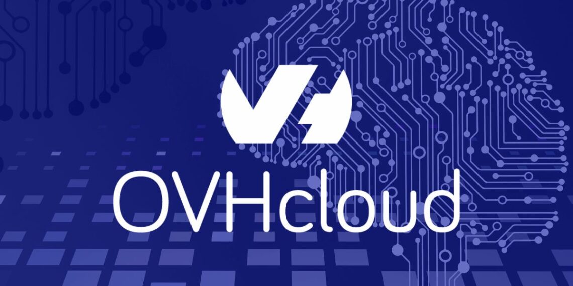 Illustration of startup founders working in a cloud environment, surrounded by cloud infrastructure icons and OVHcloud branding.