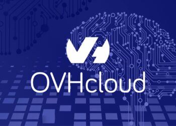 Illustration of startup founders working in a cloud environment, surrounded by cloud infrastructure icons and OVHcloud branding.