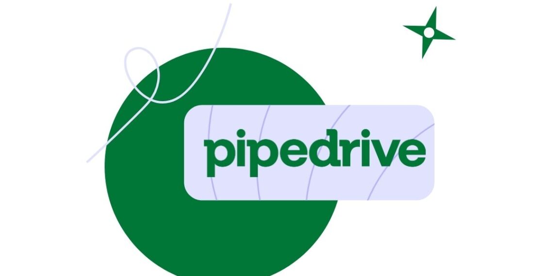 Illustration of a startup founder reviewing a digital sales pipeline with the Pipedrive logo and visual CRM elements in the background.