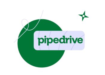 Illustration of a startup founder reviewing a digital sales pipeline with the Pipedrive logo and visual CRM elements in the background.