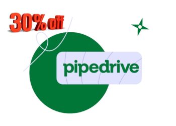 Illustration of a startup team using Pipedrive on laptops, highlighting savings from a Pipedrive promo code for startups.