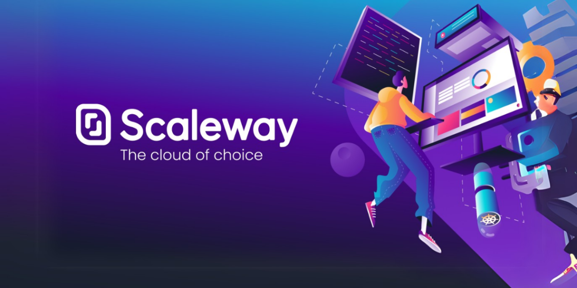 Illustration of Scaleway’s cloud infrastructure services with icons representing compute, storage, and AI tools for startups.
