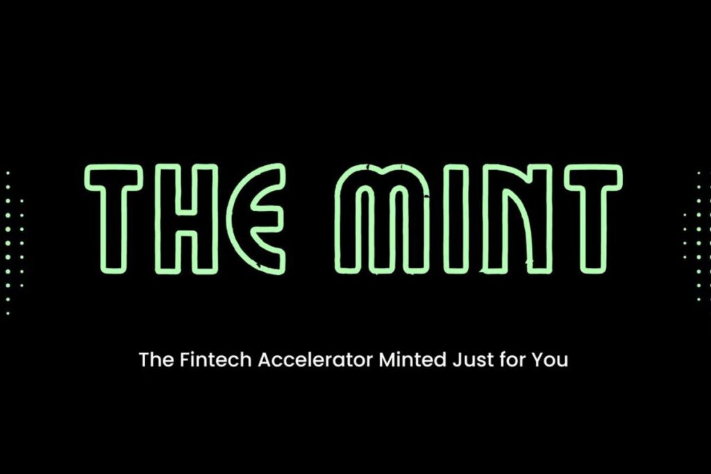 Branded image showcasing The Mint accelerator, featuring its logo, program setting, and fintech founders collaborating in a modern workspace.