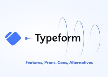 Illustration showing a startup team creating an interactive survey using Typeform, with icons representing data collection and user engagement.