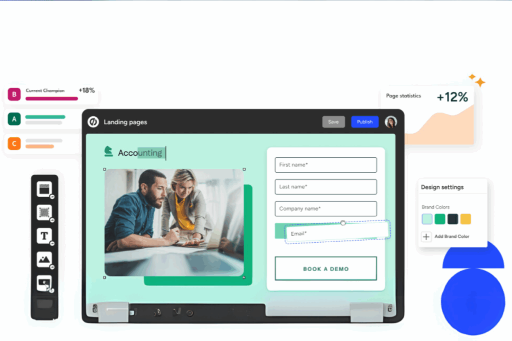 A detailed view of Unbounce’s drag-and-drop landing page editor, showing how startups can easily build and customize pages without coding.