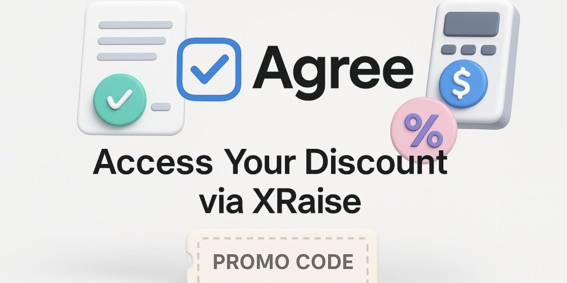 Illustrated cover image featuring the Agree logo and interface, highlighting the exclusive startup promo code available via XRaise