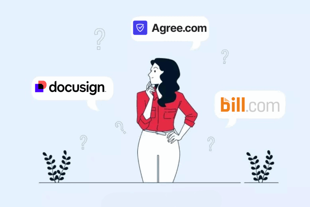 Comparison chart featuring Agree.com vs. other tools like DocuSign and Bill.com, highlighting differences in features, pricing, and support for startups.