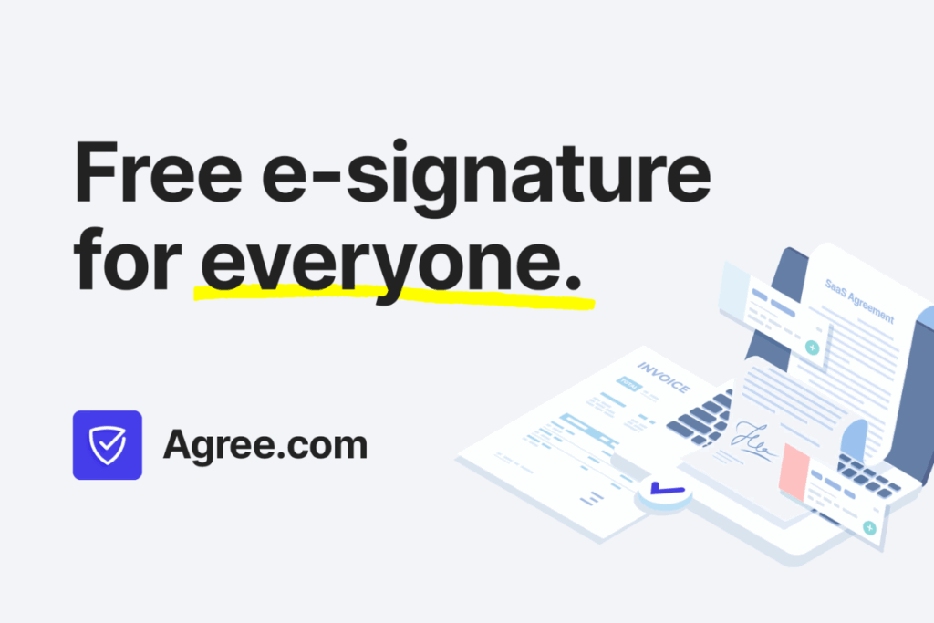 Infographic displaying key features of Agree.com for startups, including e-signatures, AI contract editing, automated invoicing, and integrated payments.