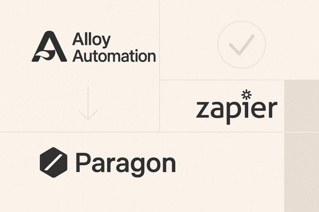 Comparison chart or visual highlighting alternatives to Alloy Automation, evaluating competing tools based on features, price, and usability for startups.
