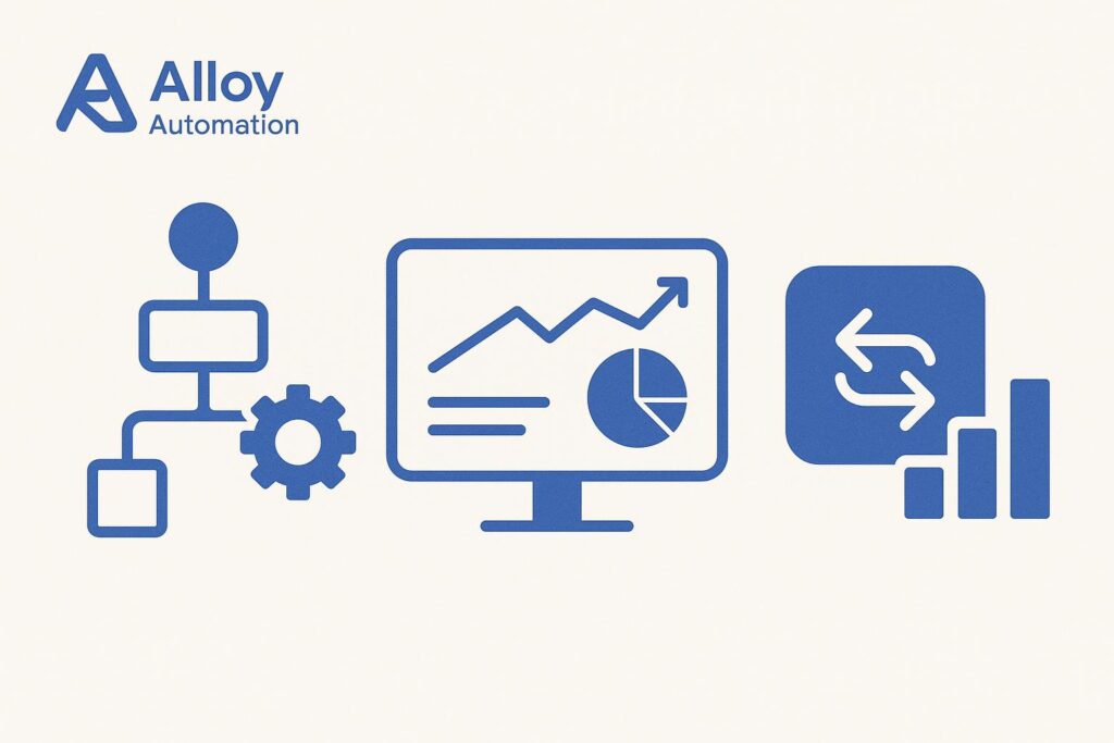 Visual representation of key features offered by Alloy Automation, including dashboard, integrations, and automation tools relevant for startup use.