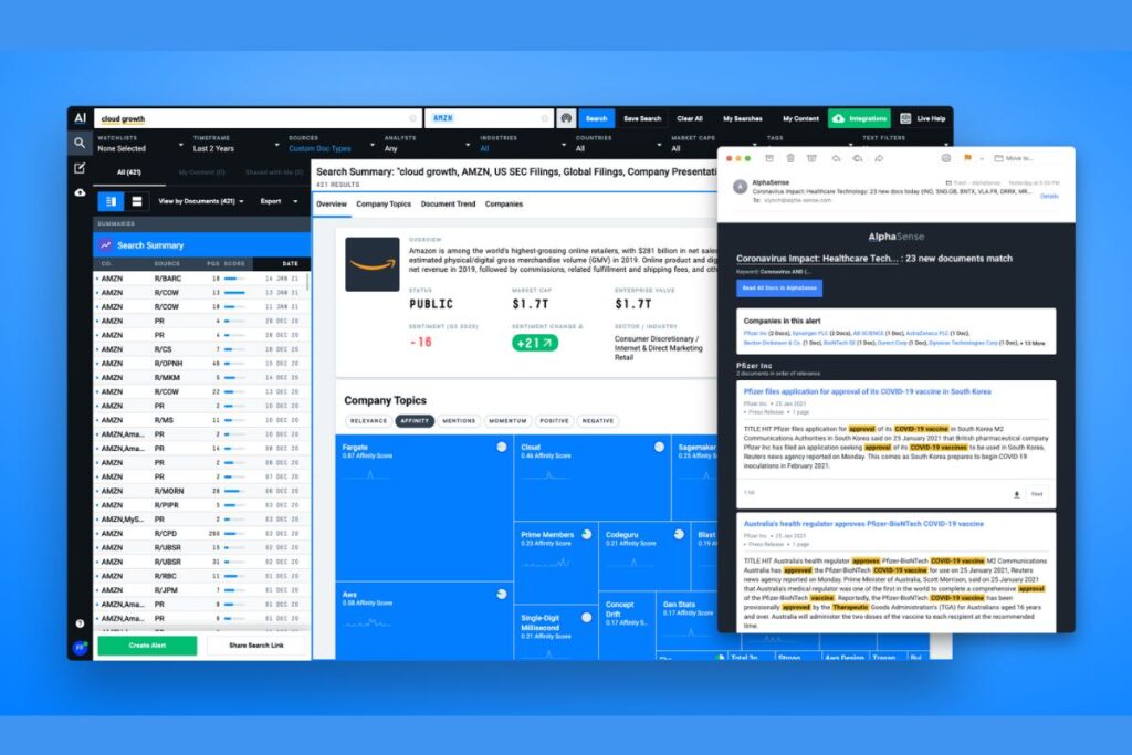 Visual representation of key features offered by AlphaSense, including dashboard, integrations, and automation tools relevant for startup use.
