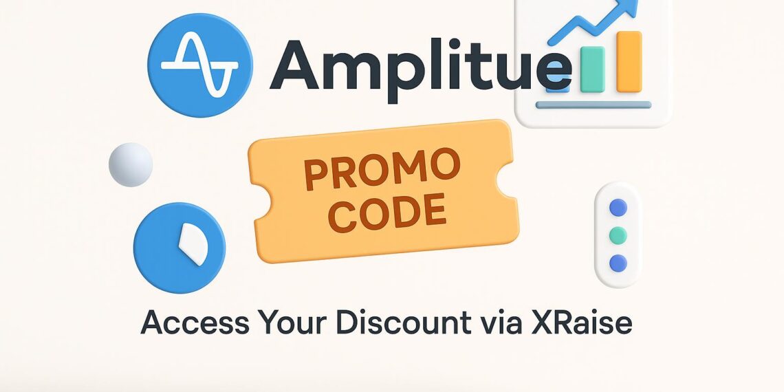 Illustrated cover image featuring the Amplitude logo and interface, highlighting the exclusive startup promo code available via XRaise